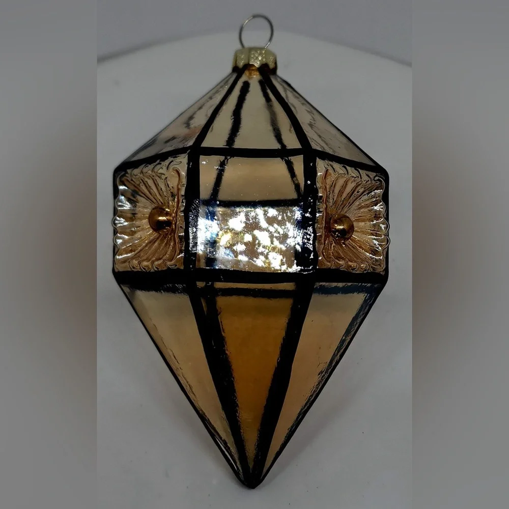 Geometric Champagne Beveled Drop Glass‎ Christmas Ornament Floral Imprint 5.5